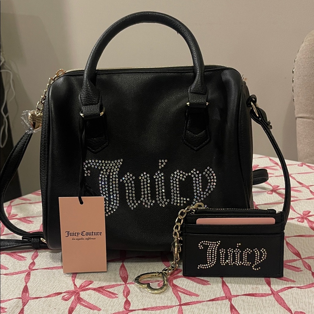 Juicy Couture Black Satchel with Crystal Logo and Matching Card Case